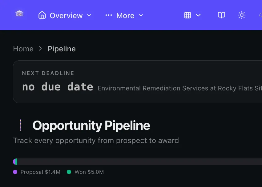 The vendor pipeline board, showing opportunities grouped by stage with a value summary