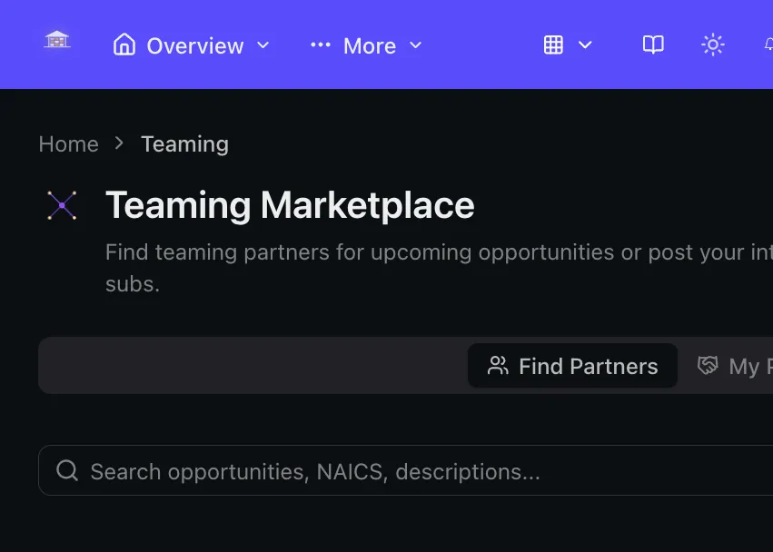 The teaming marketplace, where you browse partner interests and post your own